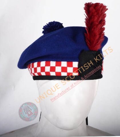 Balmoral Cap Royal Blue Wool With Red and White Diced Scottish Military Diced Barret Bonnet