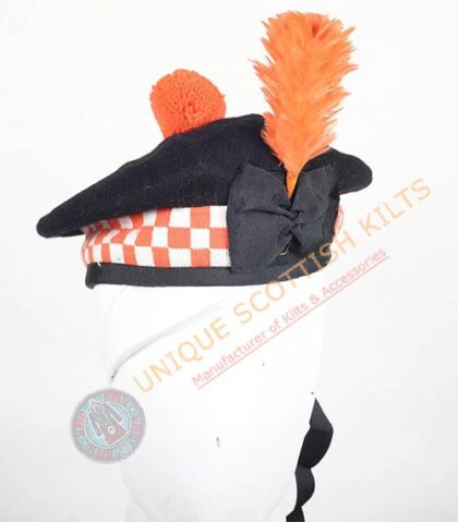 Balmoral Cap Black Wool with Orange and white Diced Scottish Military Diced Barret Bonnet
