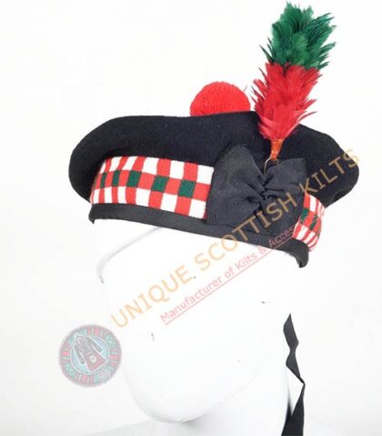 Balmoral Cap Black Wool With Red Green and White Diced Scottish Military Diced Barret Bonnet