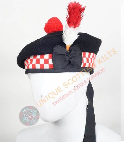 Balmoral Cap Black Wool With Red and White Diced Scottish Military Diced Barret Bonnet