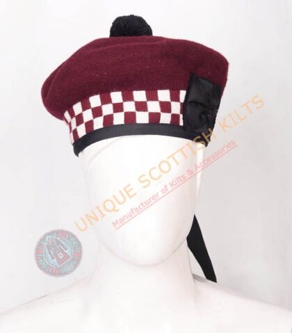 Balmoral Cap Maroon Wool With Maroon and White Diced Scottish Military Diced Barret Bonnet