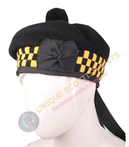 Balmoral Cap Black Wool with Yellow and Black Diced Scottish Military Diced Barret Bonnet