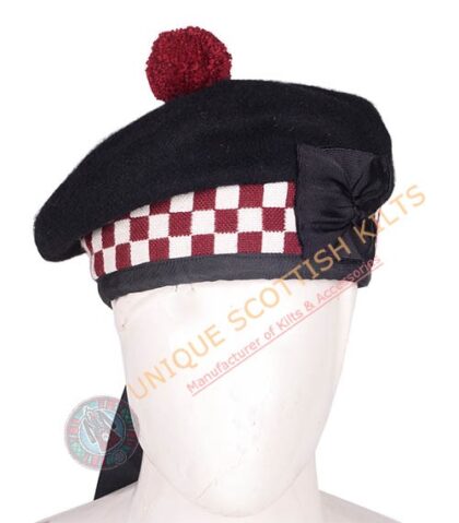 Balmoral Cap Black Wool With Maroon and White Diced Scottish Military Diced Barret Bonnet