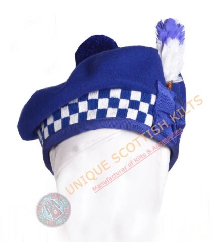 Balmoral Cap Royal Blue Wool With Royal Blue and White Diced Scottish Military Diced Barret Bonnet