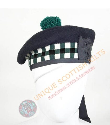 Balmoral Cap Black Wool With Green Black and White Diced Scottish Military Diced Barret Bonnet