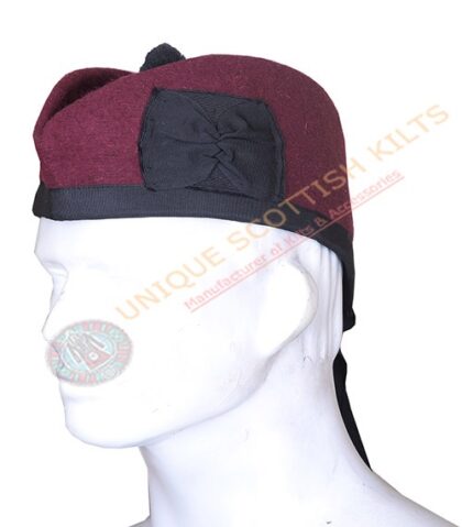 Glengarry Bonnet Scottish Military Piper Cap Maroon Wool Hat