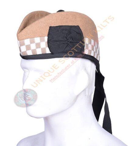 Glengarry Bonnet Scottish Military Piper Cap Khaki Wool with White diced Hat