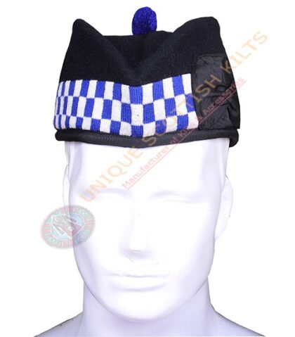 Glengarry Bonnet Scottish Military Piper Cap Black Wool with Royal Blue and White diced Hat