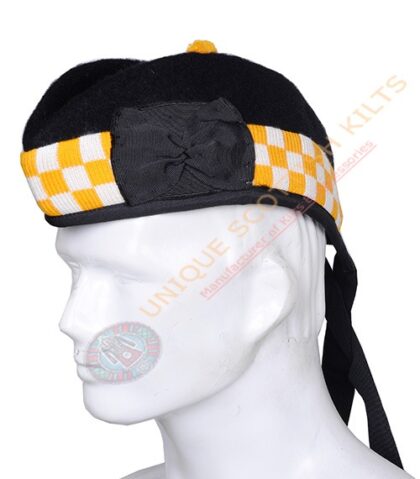Glengarry Bonnet Scottish Military Piper Cap Black Wool with Yellow and White diced Hat
