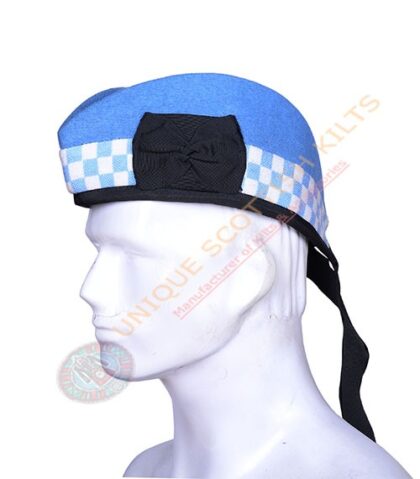 Glengarry Bonnet Scottish Military Piper Cap Sky Blue Wool with Sky Blue and White diced Hat