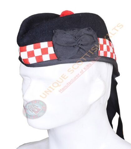 Glengarry Bonnet Scottish Military Piper Cap Black Wool with Red Blue and White diced Hat
