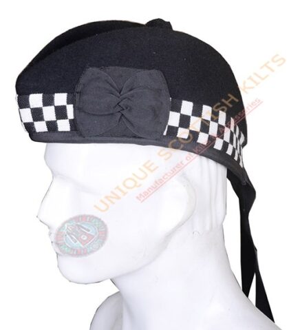 Glengarry Bonnet Scottish Military Piper Cap Black Wool with Black and White diced Hat