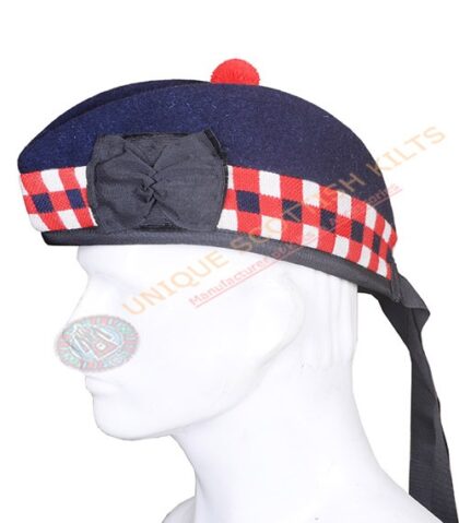 Glengarry Bonnet Scottish Military Piper Cap Black Red and White diced Hat