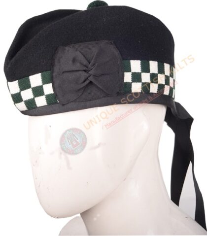Glengarry Bonnet Scottish Military Piper Cap Black Wool with Green and White Diced Hat