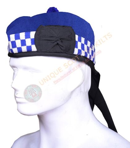 Glengarry Bonnet Scottish Military Piper Cap Royal Blue with White Diced Hat