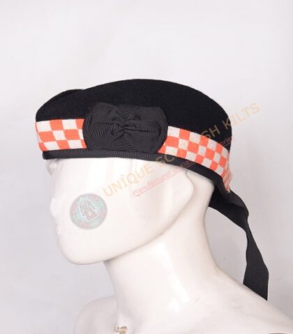 Glengarry Bonnet Scottish Military Piper Cap Black wool with Orange and white Diced Hat