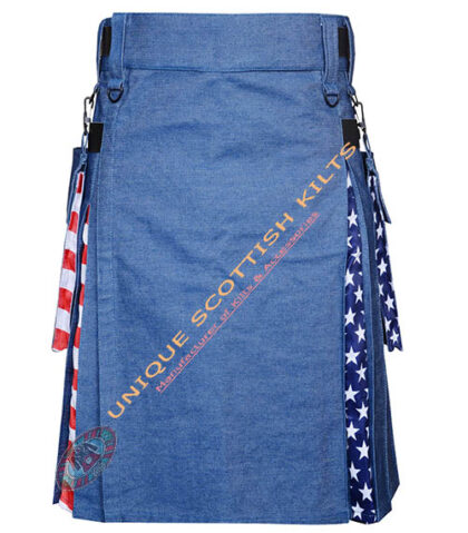 Handmade American Flag Denim Hybrid Utility Kilt With Adjustable Leather Straps