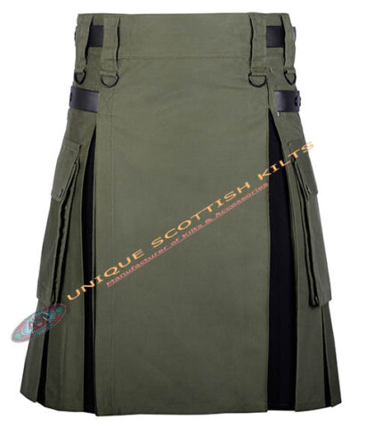 Handmade Olive Green with Black Cotton Utility Hybrid Kilt with Adjustable Leather Straps
