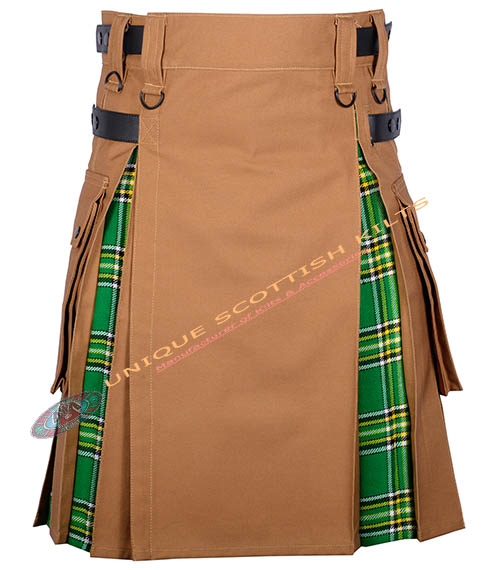 1 Handmade Irish Tartan With Camel Canvas Cotton Utility Hybrid Kilt