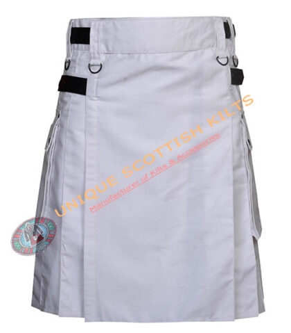 White Cotton Utility Kilt With Leather straps