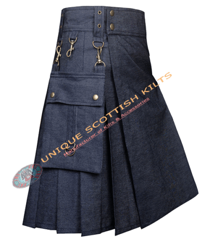 Blue Denim Cotton Utility Kilt With Detachable Pockets