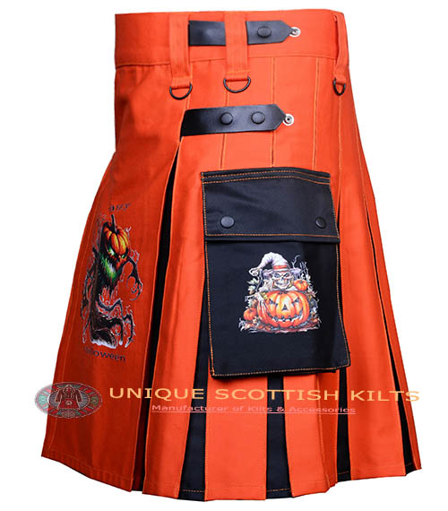 Halloween Utility Kilt, Orange & Black Cotton Hybrid Pumpkin kilt With Adjustable Leather steps - Image 3
