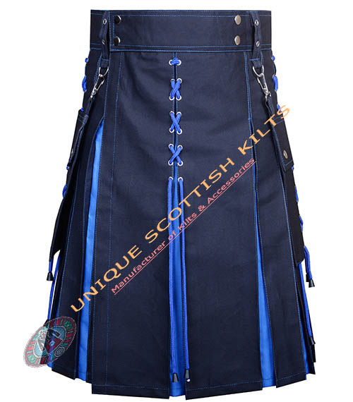 Handmade Scottish Black & Blue Cotton Hybrid Utility Kilt With Laces Style - Image 2