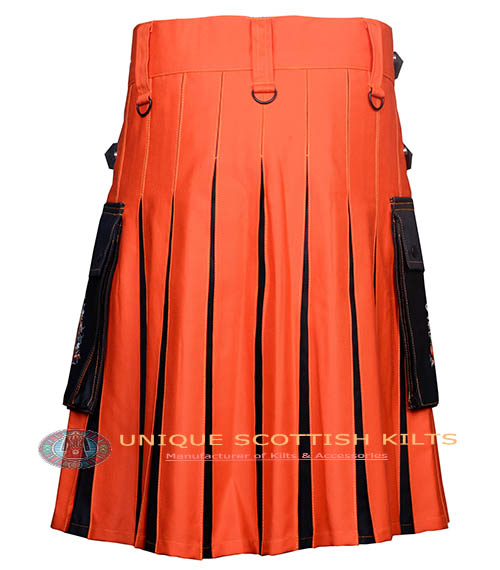 Halloween Utility Kilt, Orange & Black Cotton Hybrid Pumpkin kilt With Adjustable Leather steps - Image 4