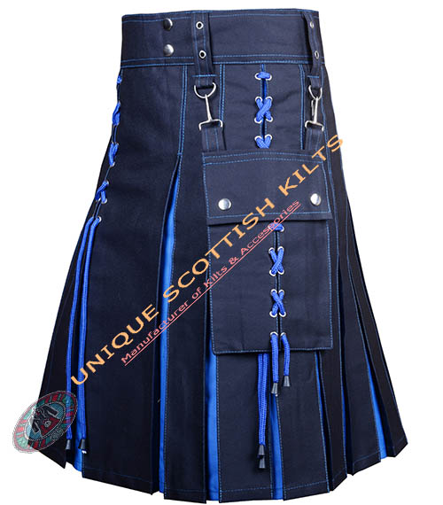 Handmade Scottish Black & Blue Cotton Hybrid Utility Kilt With Laces Style - Image 3