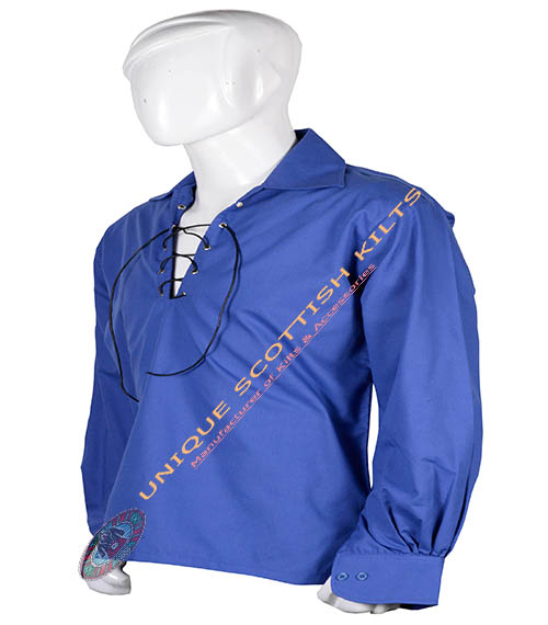 Handmade Scottish Jacobite Royal Blue Ghillie Kilt Shirt Custom Made - Image 2