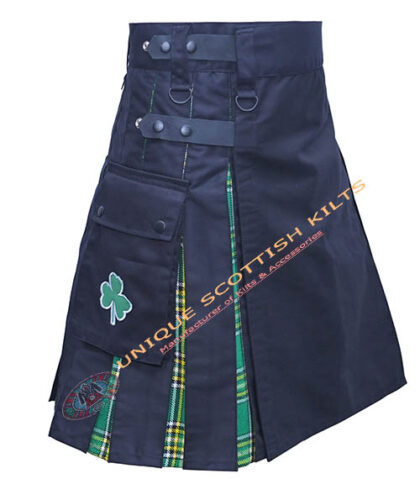 Handmade Black Cotton with Irish Tartan Hybrid Utility Kilt, Shamrock Leaf Embroidery Cargo pockets