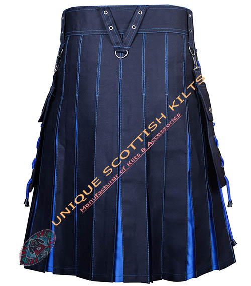 Handmade Scottish Black & Blue Cotton Hybrid Utility Kilt With Laces Style - Image 4