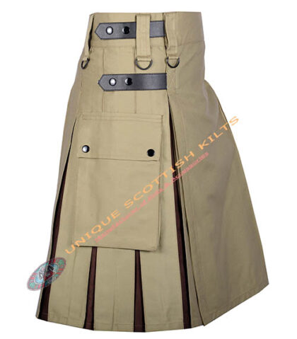 Handmade Khaki With Brown Utility Kilt With Cotton Hybrid