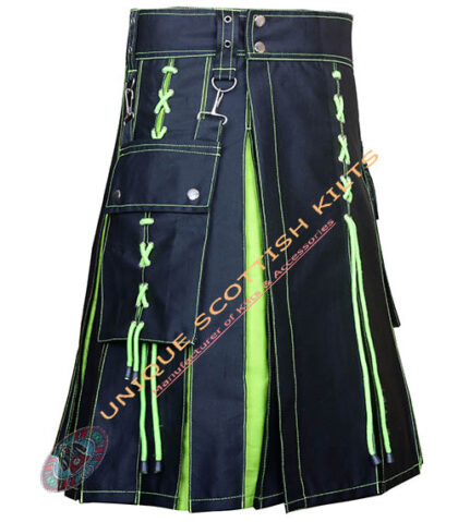 Handmade Scottish Black & Neon Green Cotton Hybrid Utility Kilt With Laces Style