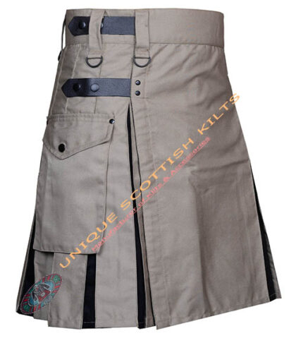 Scottish Handmade Khaki Utility Kilt Adjustable Leather Straps With Black Cotton Hybrid