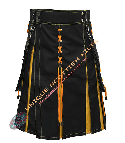 Handmade Scottish Black & Yellow Cotton Hybrid Utility Kilt With Laces Style - Image 2