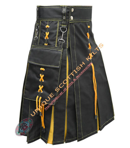 Handmade Scottish Black & Yellow Cotton Hybrid Utility Kilt With Laces Style