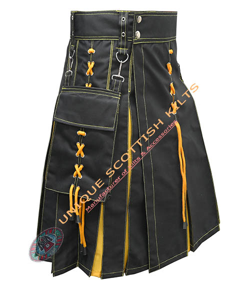 Handmade Scottish Black & Yellow Cotton Hybrid Utility Kilt With Laces Style