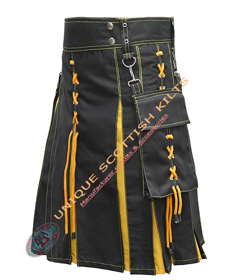 Handmade Scottish Black & Yellow Cotton Hybrid Utility Kilt With Laces Style - Image 3