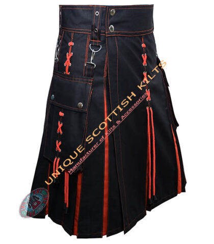 Handmade Scottish Black & Orange Cotton Hybrid Utility Kilt With Laces Style