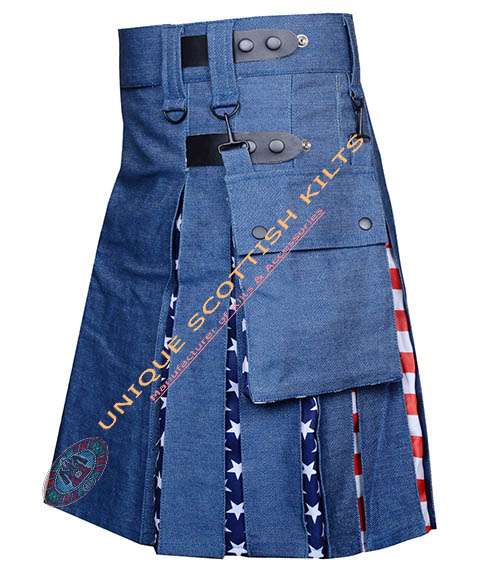 Handmade American Flag Denim Hybrid Utility Kilt With Adjustable Leather Straps - Image 2