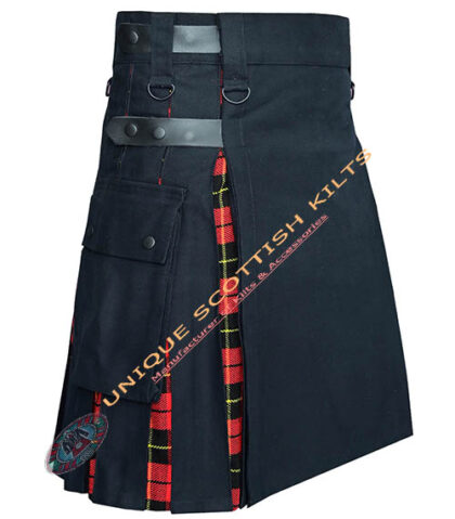 Scottish Handmade Wallace Tartan Hybrid Utility Kilt Black Cotton with Adjustable Leather Straps
