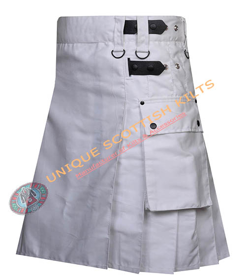 White Cotton Utility Kilt With Leather straps - Image 3