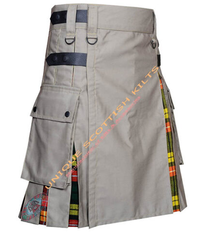 Handmade Buchanan Tartan Utility Kilt With Khaki Cotton Hybrid