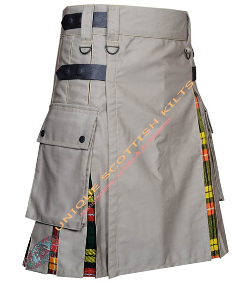 Handmade Buchanan Tartan Utility Kilt With Khaki Cotton Hybrid