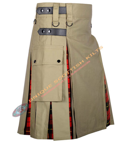 Handmade Wallace Tartan Utility Kilt With Khaki Cotton Hybrid