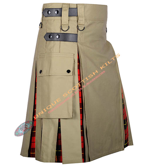 Handmade Wallace Tartan Utility Kilt With Khaki Cotton Hybrid