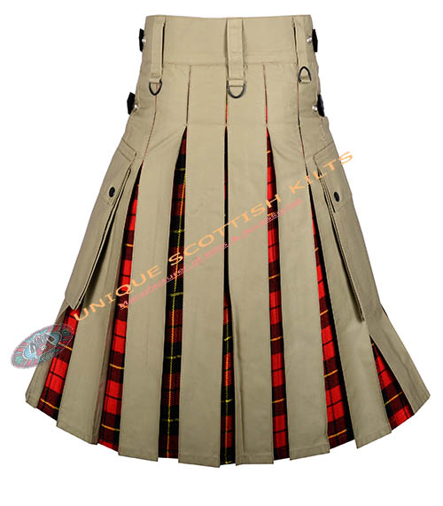 Handmade Wallace Tartan Utility Kilt With Khaki Cotton Hybrid - Image 3