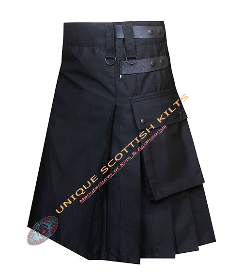 Black Cotton Adjustable Straps Utility Kilt - Image 3