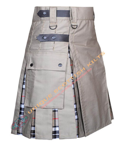 Handmade Thomson Camel Tartan Utility Kilt With Khaki Cotton Hybrid